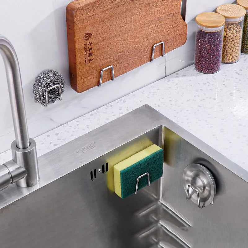 Kitchen Sink Organizer: Self-Adhesive Sponge Holder, Drain Drying Rack, and Wall Hooks