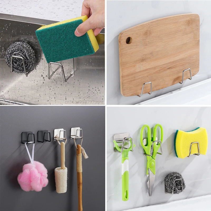 Kitchen Sink Organizer: Self-Adhesive Sponge Holder, Drain Drying Rack, and Wall Hooks